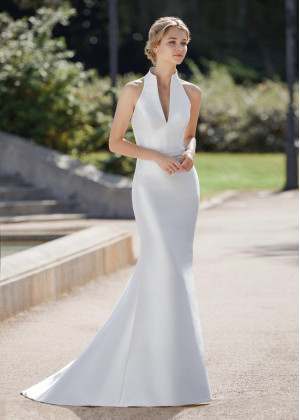 Notch Neck Ivory Mikado Open Back Wedding Dress